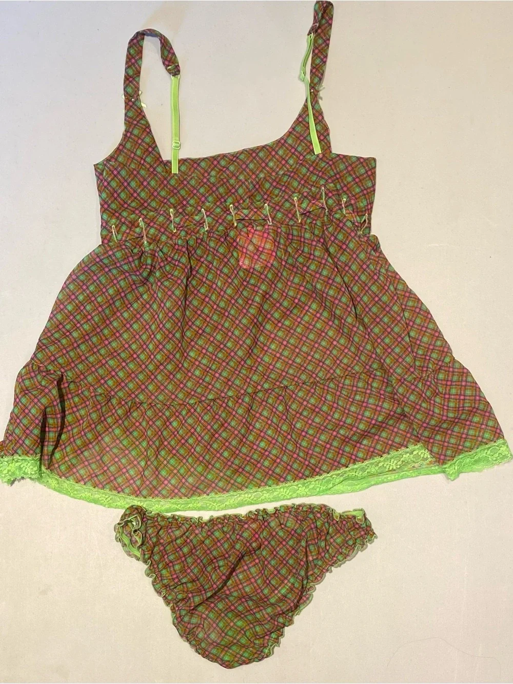 Victoria's Secret Pink and Green Plaid Lingerie Set